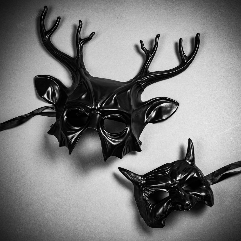 Antler Deer Horn and Goblin Devil Short Horn Black Masquerade Couple Masks